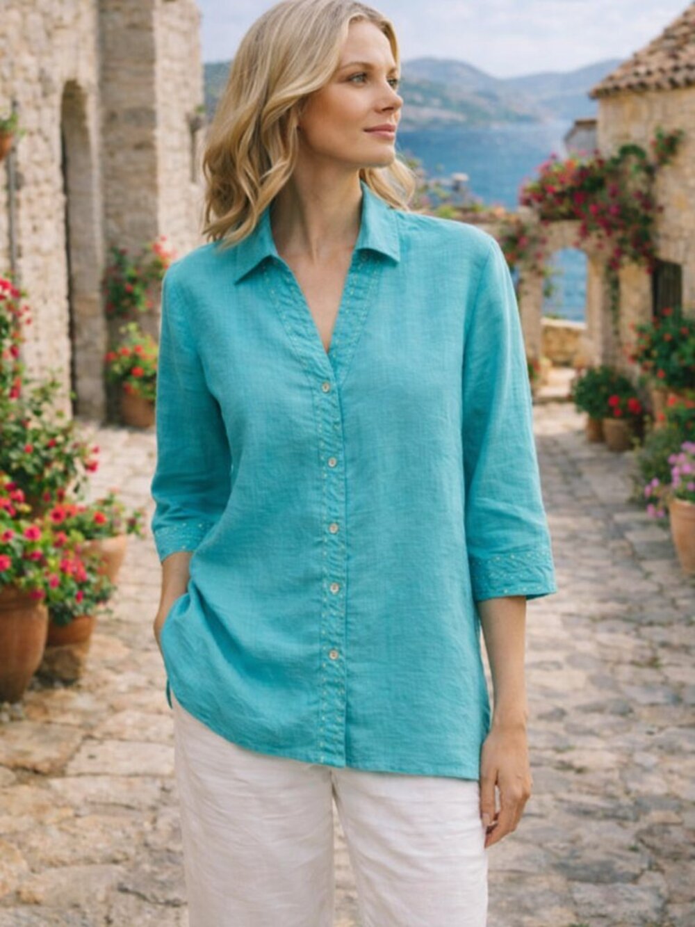 Richard Malcolm Irish Linen Embroidered Blouse Turquoise Vintage